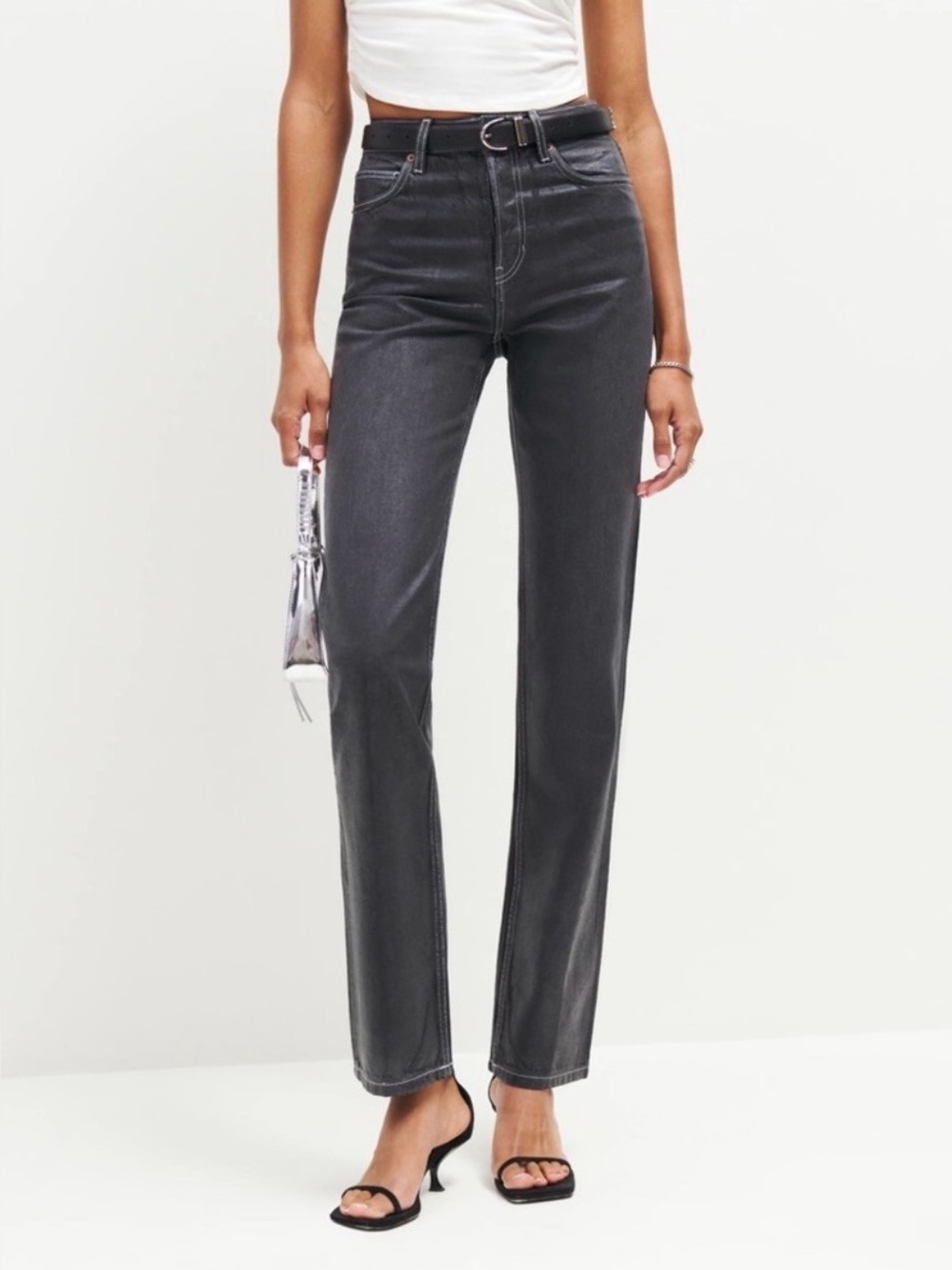 New Reformation Cynthia High‎ Rise Straight Long Jeans in Glossy Black Size 27